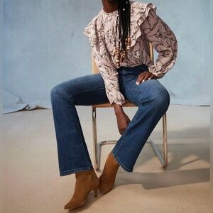 Women’s RW&CO Ruffled Crew-Neck Popover Blouse With Buttoned‎ Cuffs size medium